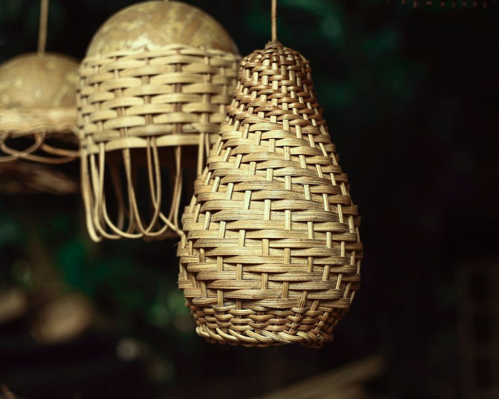 a close up of a bunch of lights hanging from a ceiling