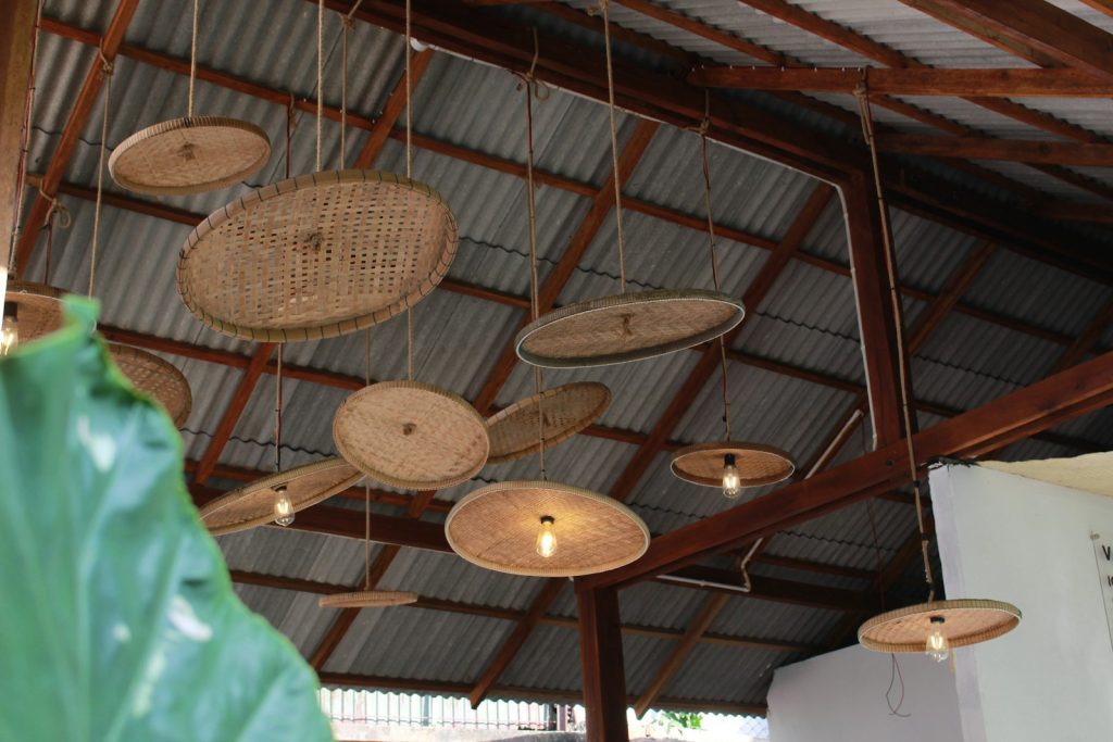 a group of lamps from a ceiling