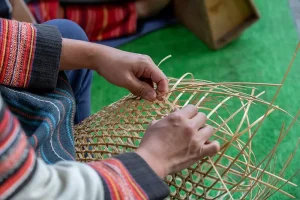 Close-up of rattan weaving process