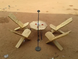 Prototype wooden chairs in a workshop