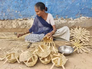 Stacked bamboo baskets at a market