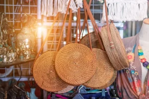 Rattan round bags at a street shop in Bali Indonesia