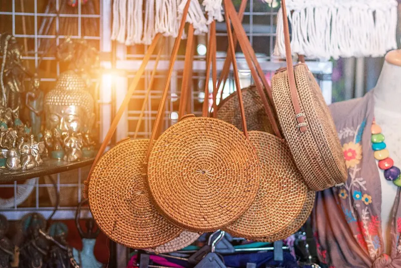 Rattan round bags at a street shop in Bali Indonesia